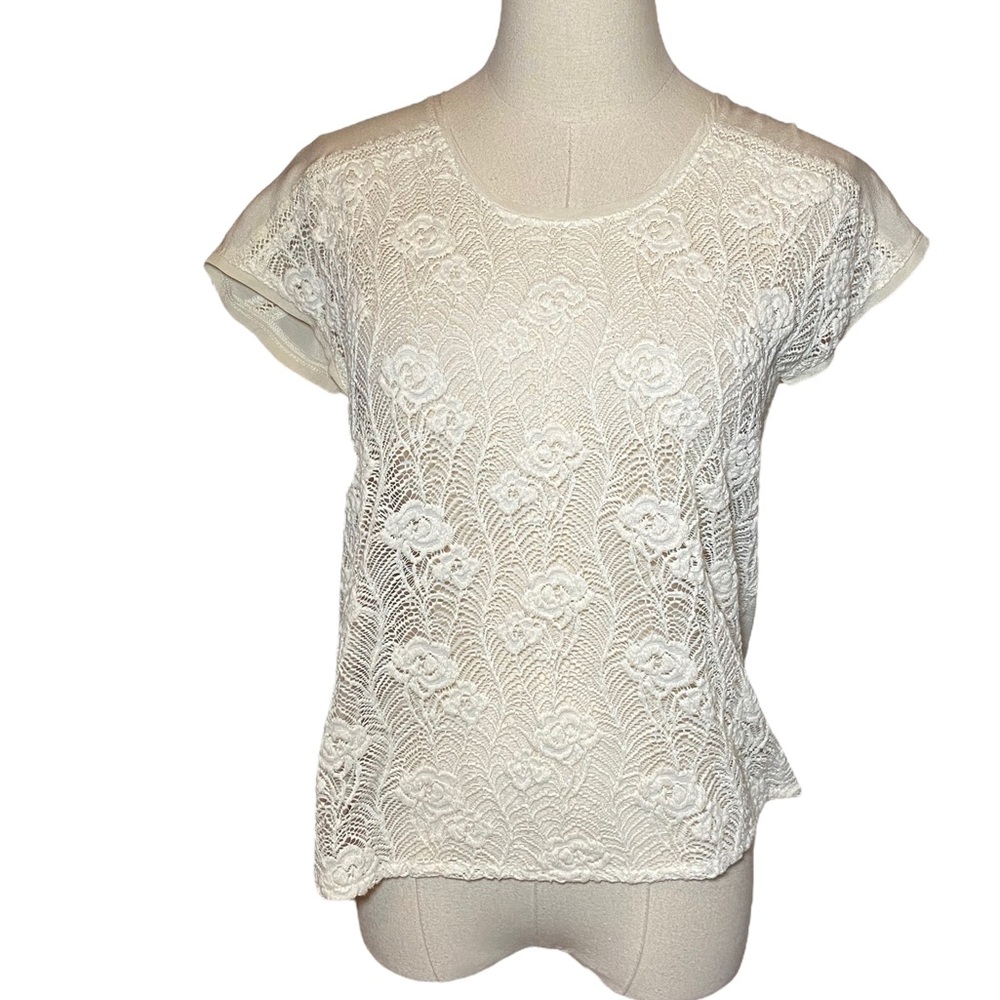 Stitch Knot Silk Blouse Cap Sleeves Lace Overlay XS